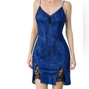 Y2K Victoria Secret Blue Satin Lace Slip Dress Chemise Size M Vintage Gold Label